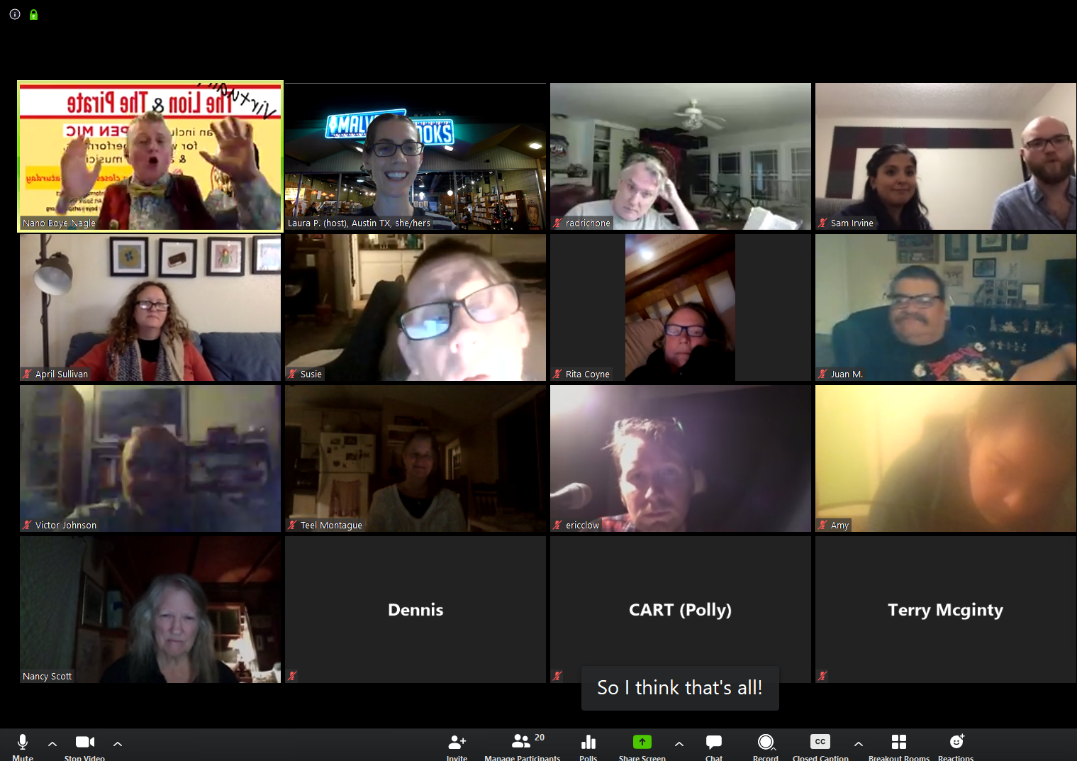 Screenshot of a Zoom meeting with about 12 people, a range of expressions on their faces.