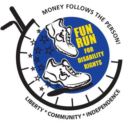 FUN RUN logo, sneakers in motion encircled by a wheelchair wheel.