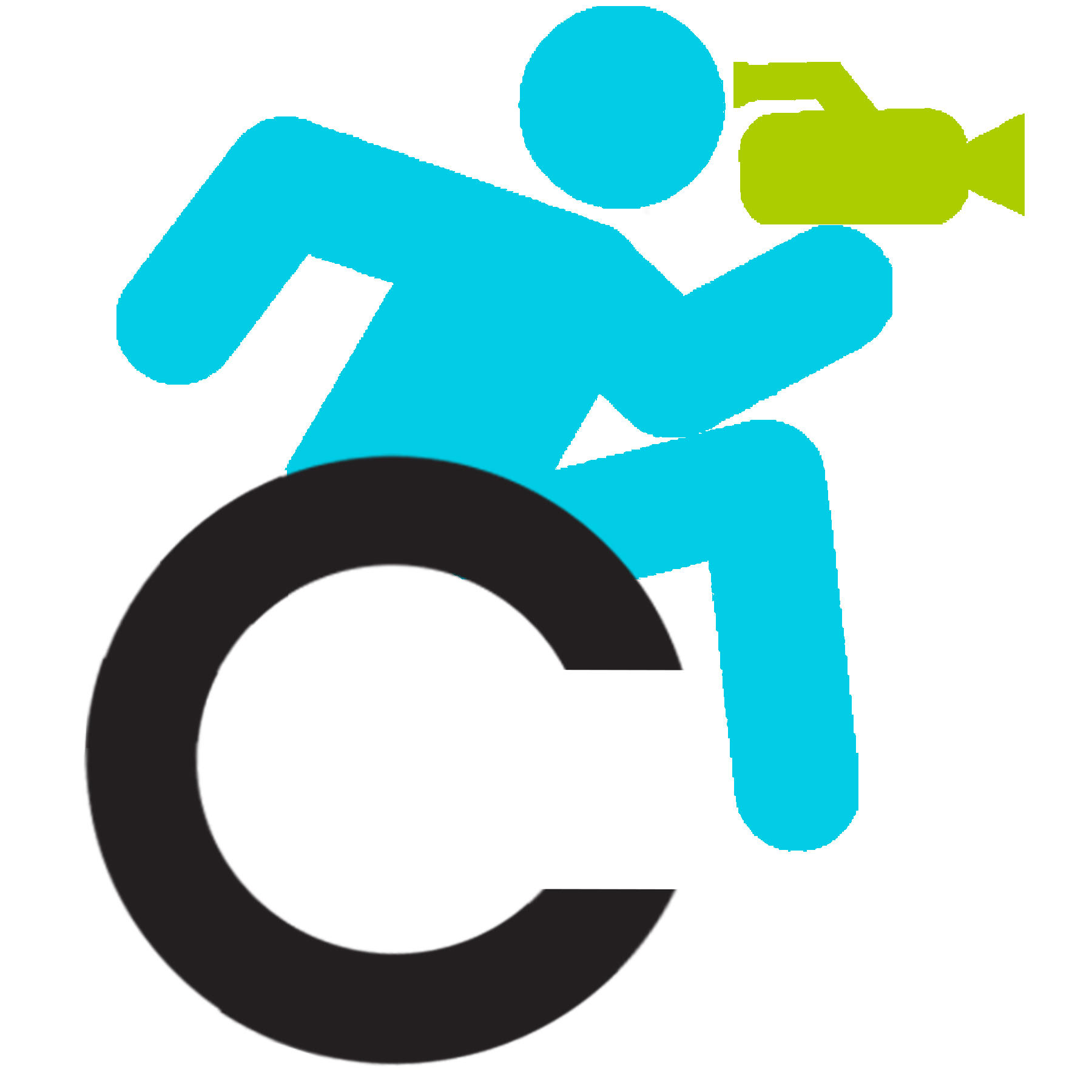 Cinema Touching Disability icon: a variation on the Accessibility icon, where a blue, seated figure is leaning forward with a green video camera held up to its face. It sits on a black C, which recalls the wheel of a wheelchair.