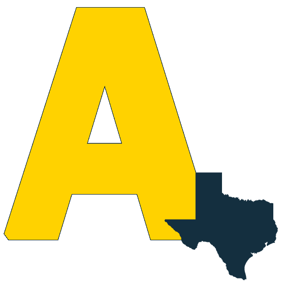 Bold, block letter A in gold, with a navy blue Texas at its right foot.