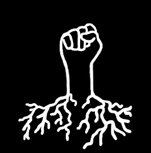 White on black outline of a fist in the air with roots growing down from the forearm, resembling a tree.