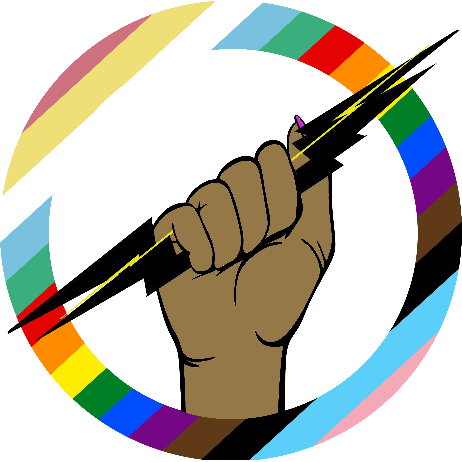 A Brown hand is gripping a black lightning bolt. The hand and bolt are inside a circle of a variety of colors.