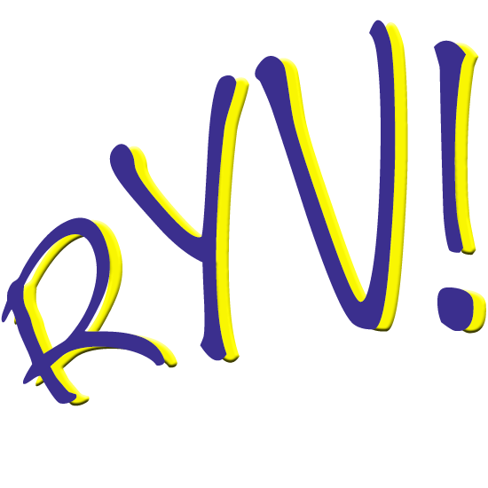 The letters RYV! in purple, handwritten font with a bright yellow shadow.