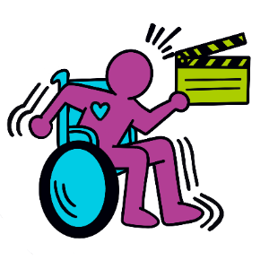 A cartoon-ish icon of a purple figure with a blue heart in a blue wheelchair, holding up a green clapperboard.