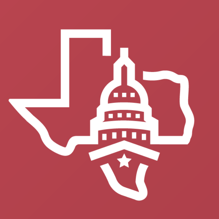White logo on a red background, shape of Texas with a domed building rising out of the center.