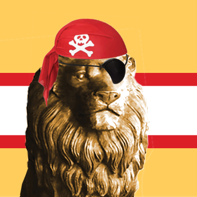 Lion & Pirate logo: a bronze lion with a red skull-and-bones handkerchief tied on his head and an eye patch, against a gold, red, and white striped background.