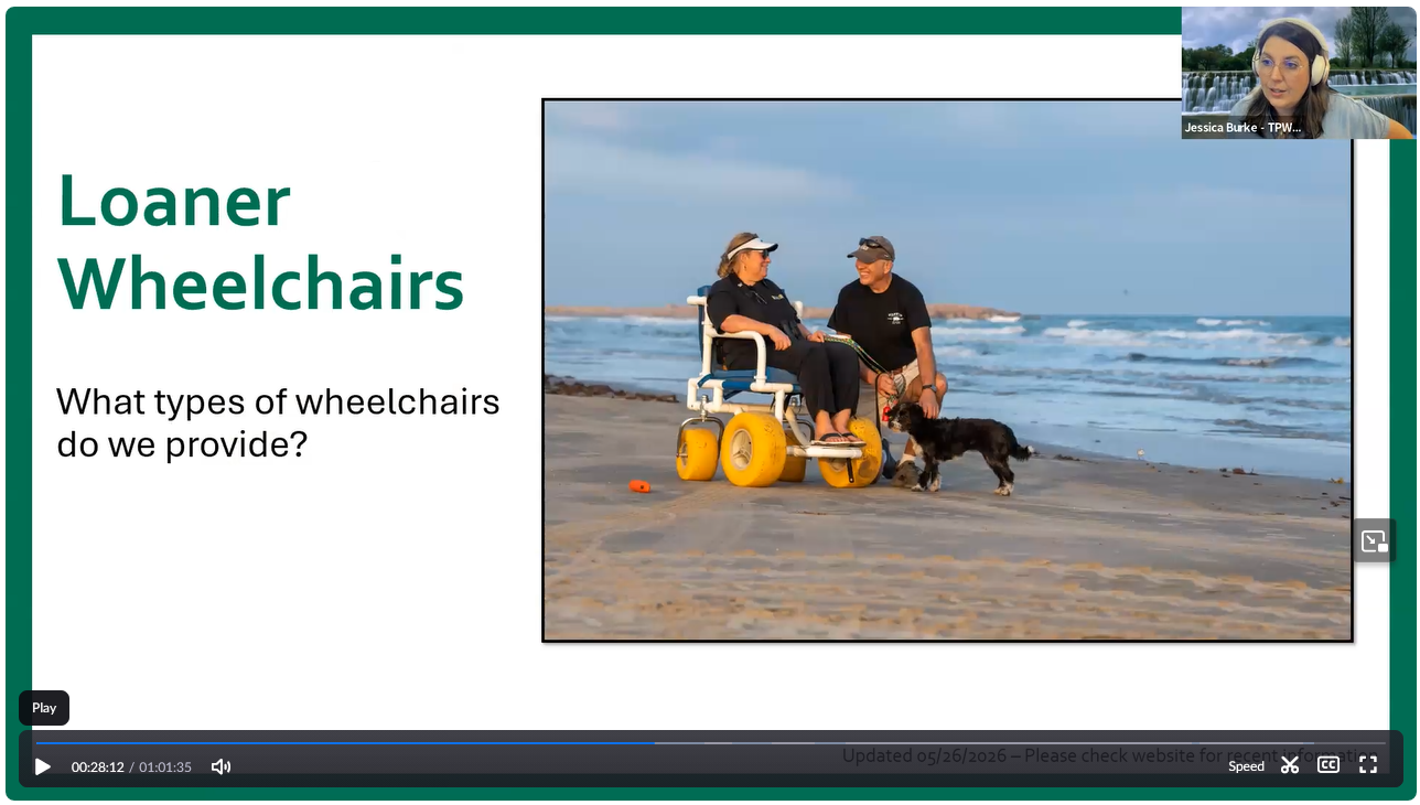 Screenshot of a slide of a woman sitting in a PVC-frame beach chair, with a man kneeling by her and a little black dog on a beach. On top of the slide in the corner is an image of the slide presenter, a woman with glasses and earphones.