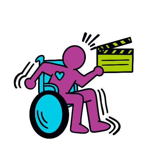A cartoon-ish icon of a purple figure with a blue heart in a blue wheelchair, holding up a green clapperboard.