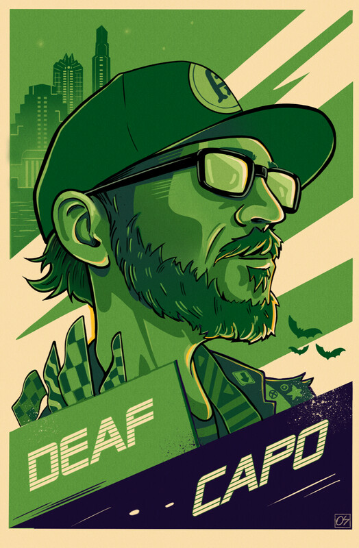 Green, beige, and black illustration of a bearded man with black glasses and ball cap, gazing into the distance. The outline of buildings from Austin’s skyline are in the back ground and racing flags and a trio of bats decorate the foreground. The text “Deaf Capo” appears on green and black blocks at the bottom of the image.