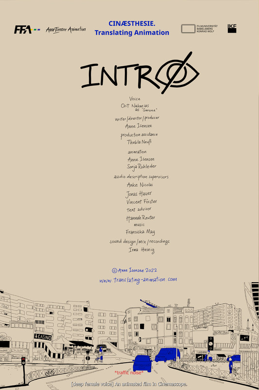 On a beige background, the handwritten word “Intro” appears, with the “o” drawn as an eye with a line through it. Film credits in a light font run down the middle of the image and end in a drawing of a city street with buildings, cars, and figures walking around.
