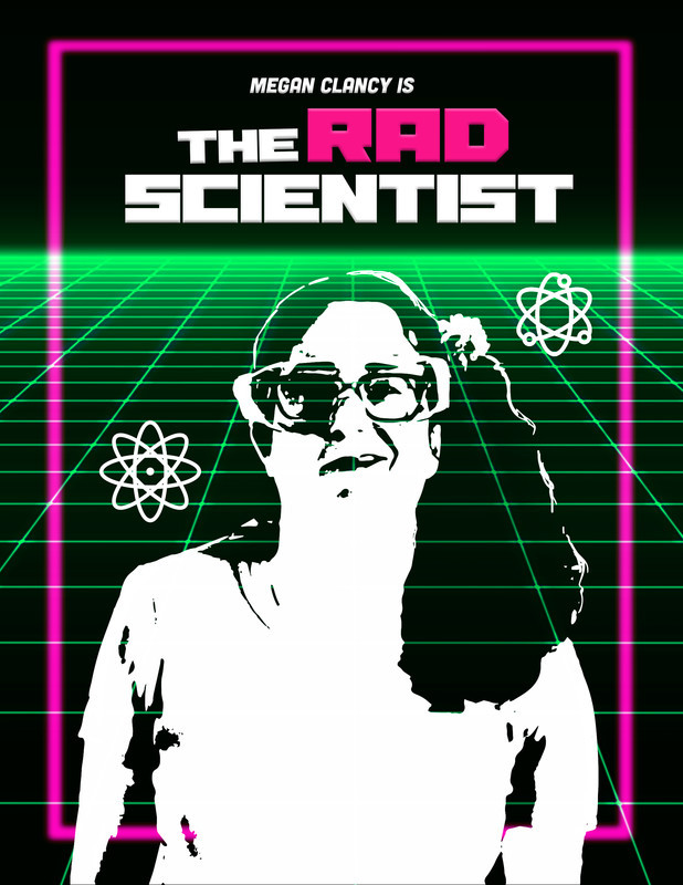 Black and white high contrast photo of a woman with a side ponytail and glasses smirking at the camera. In the background are icons of atoms on a green grid receding into the distance, with text above in bold white and hot pink: The Rad Scientist.